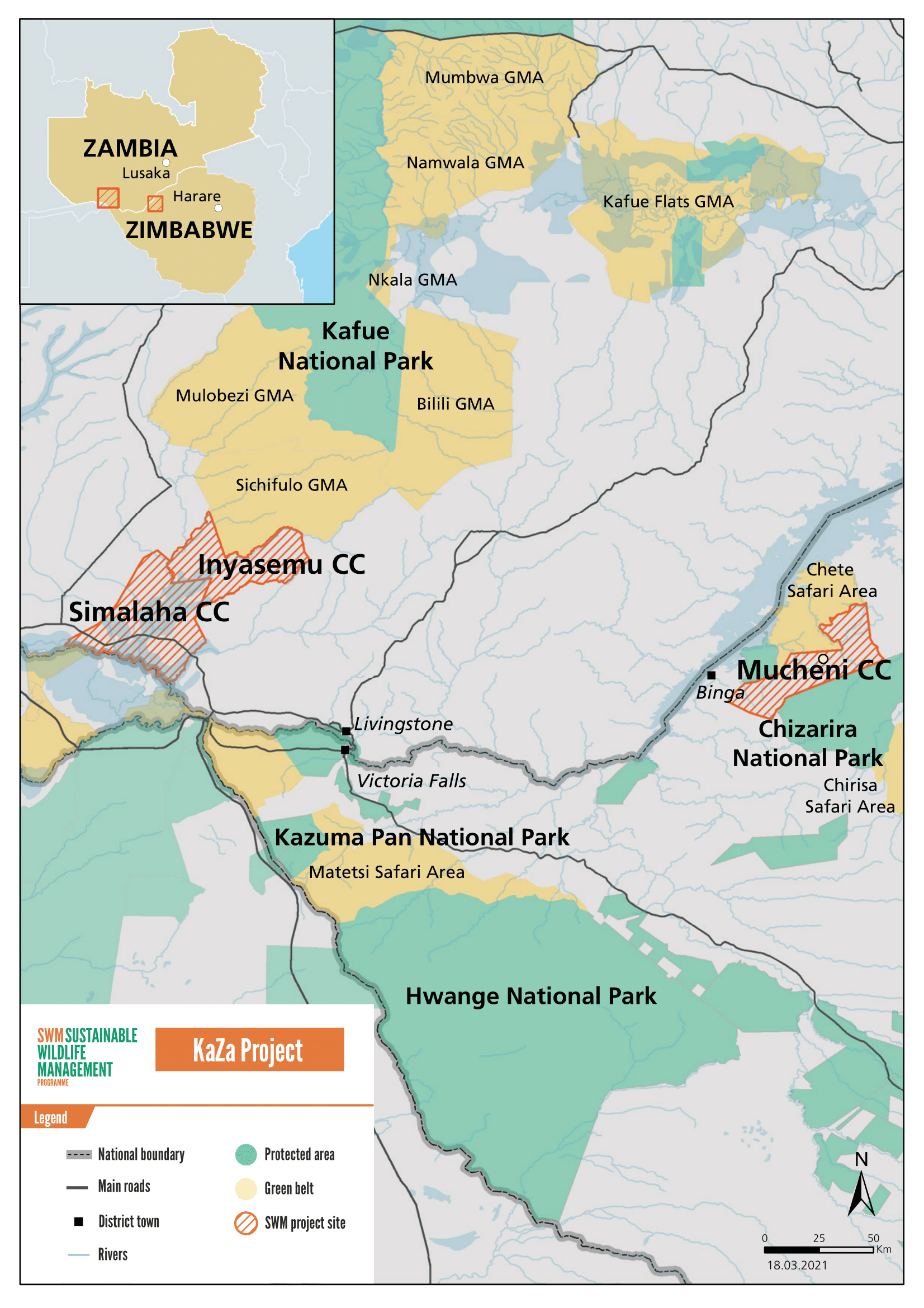 Map of the SWM activities in the Kavango Zambezi (KAZA) Transfrontier Conservation area